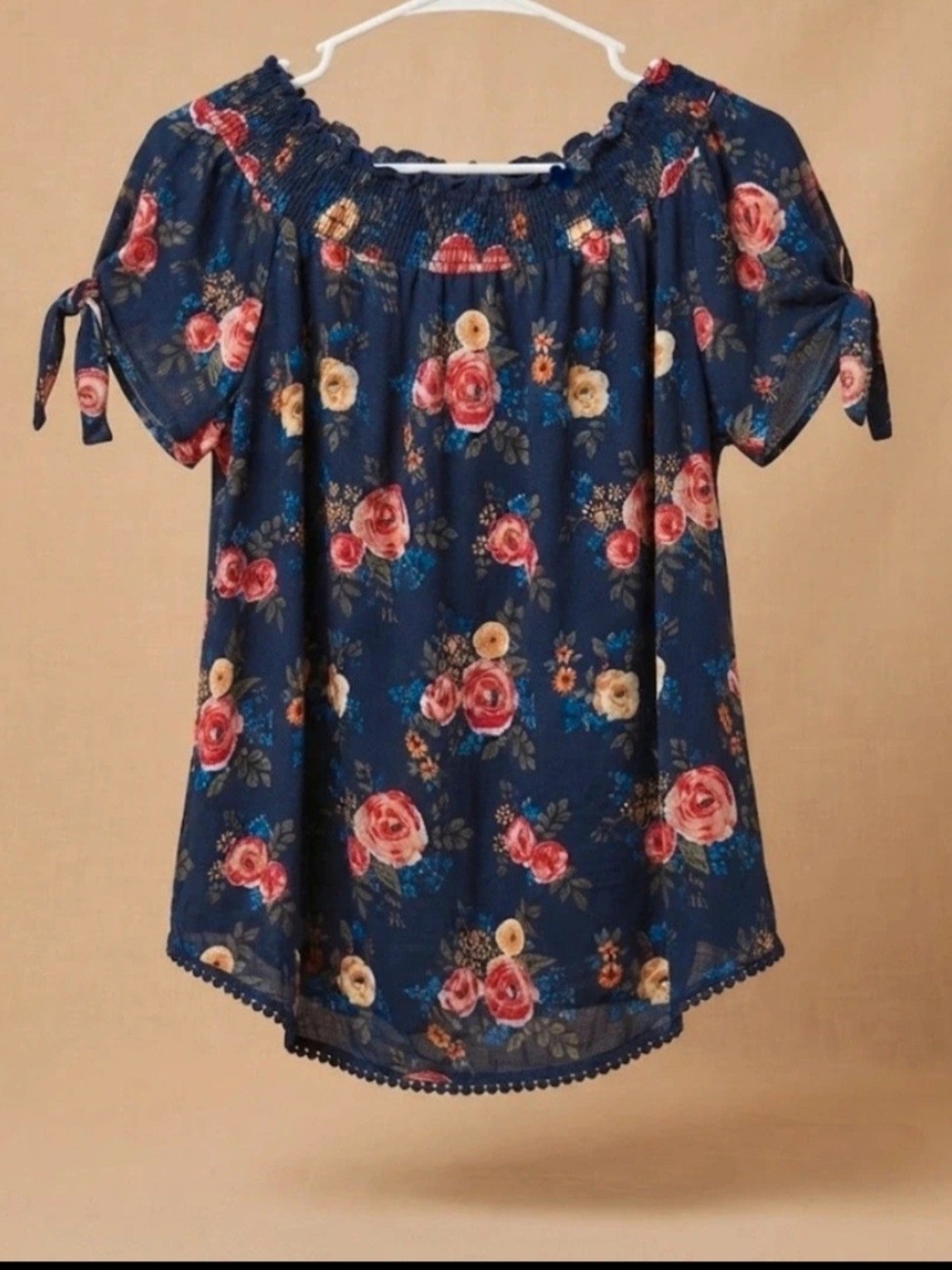No Boundaries Navy Floral Off-Shoulder Tie-Sleeve Tunic